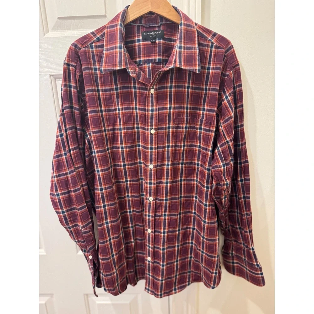 Banana Republic Soft Wash Mens XXL Long Sleeve Plaid‎ Button Down Shirt Burgundy